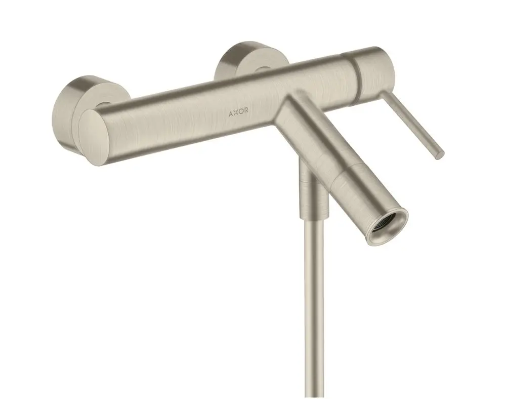 Wannenmischer von AXOR mit einem langen Auslauf und einem seitlichen Hebel zur Temperaturregulierung, in gebürstetem Nickel-Finish.